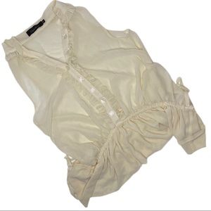 MINA Cream Sheer X-Button Down Sleeveless Sheer Drawstring Blouse